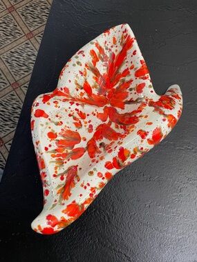 Hand-Painted Ceramic Decorative Dish in White with Red Accent